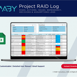 Laptop screen displaying an Excel Project RAID Log template