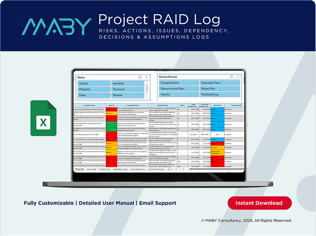 Laptop screen displaying an Excel Project RAID Log template