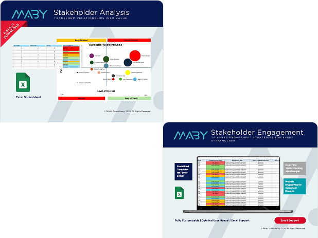 A laptop displaying a "Stakeholder Engagement" Excel sheet