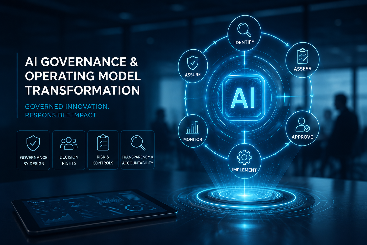 AI governance operating model showing the lifecycle from opportunity identification and assessment through approval, implementation, monitoring and assurance.
